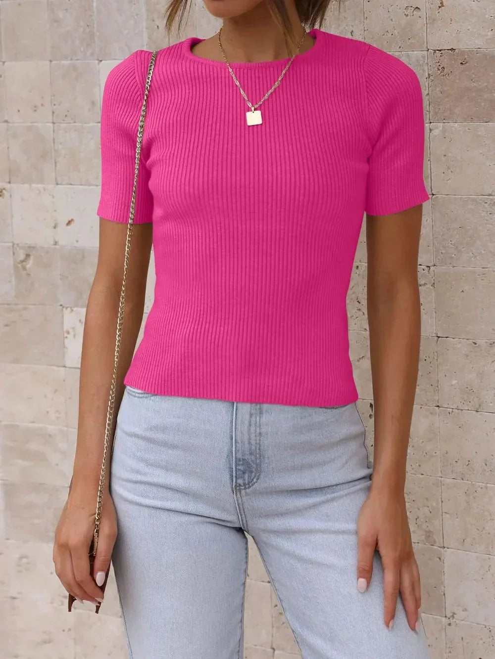 Autumn short sleeved slim fit round neck ribbed milk silk t-shirt for women eprolo