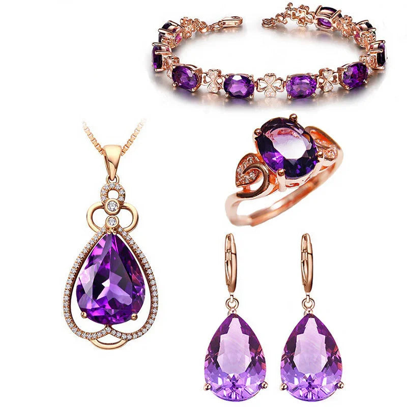 Quality Ear Hook Purple Gemstone Diamond Ring Rose Gold Collarbone Necklace Set CJDROPSHIPPING