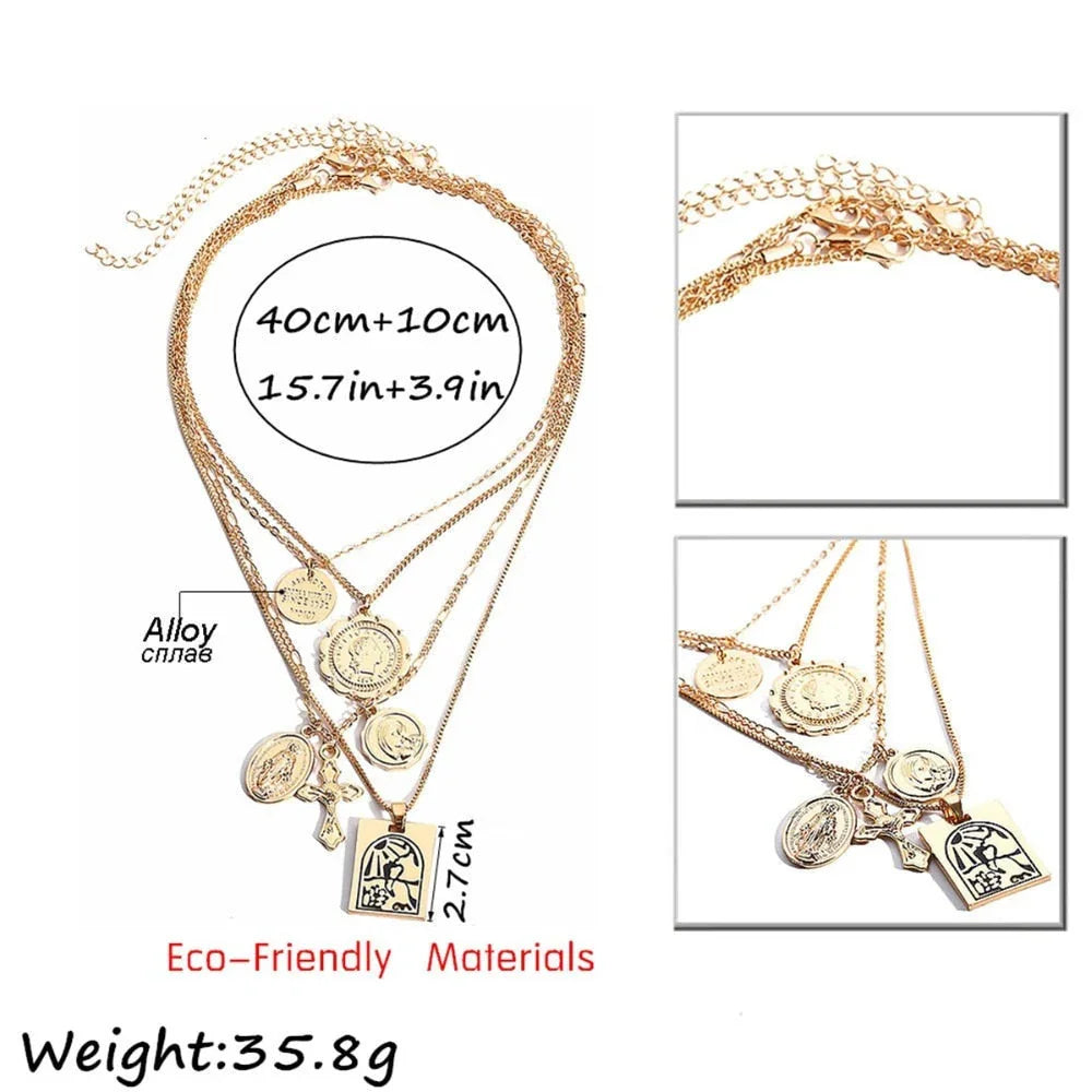 Vintage 4 Set Separable Chain Multi Layer Pendant Choker Necklaces Virgin Mary Jesus Cross Totem Square Jewelry Gift eprolo