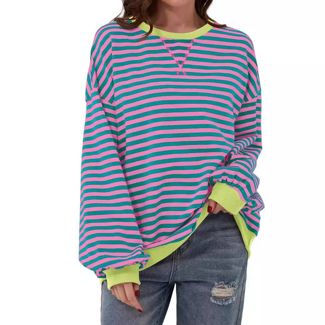 Simple new striped round-neck trendy long-sleeve pullover color-block T-shirt for home and casual wear eprolo