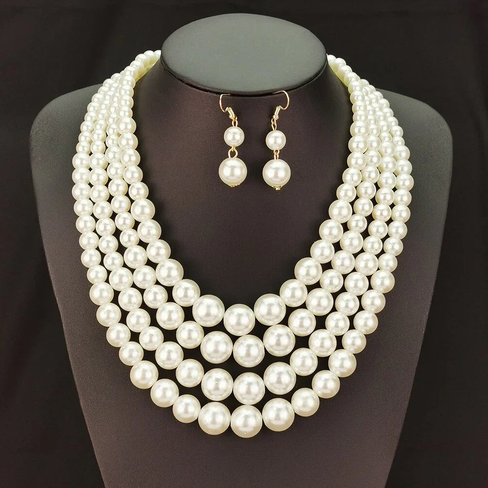 Layered Imitation Pearl Necklaces Sets For Women Handmade Beaded Chain Necklace Earrings Fashion Jewelry Set Charm Accesories eprolo