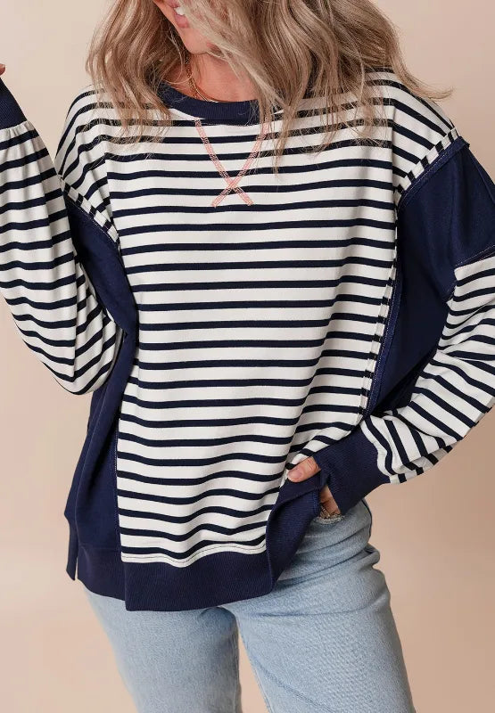 Exposed Seam Striped Long Sleeve Sweatshirt eprolo