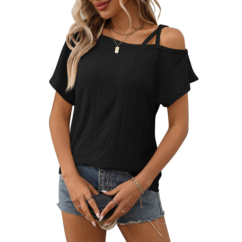 European and American one shoulder short sleeved T-shirt hollowed out top for women eprolo