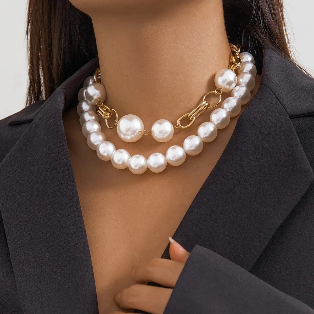 Creative. style round bead double layered necklace necklaces with exaggerated metal chains eprolo