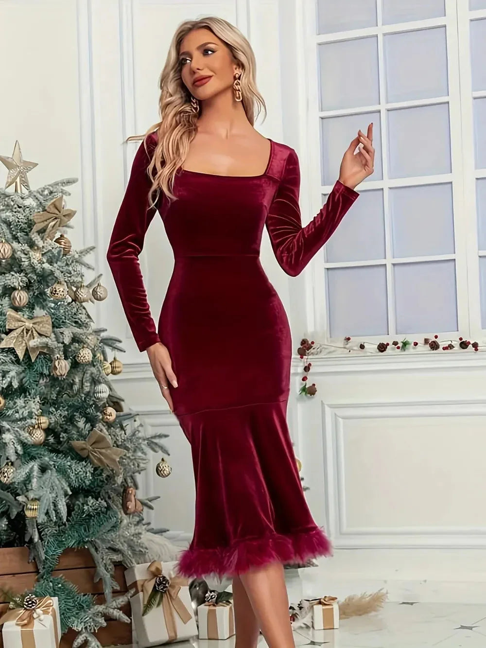 Plush Hem Square Neck Long Sleeve Dress eprolo