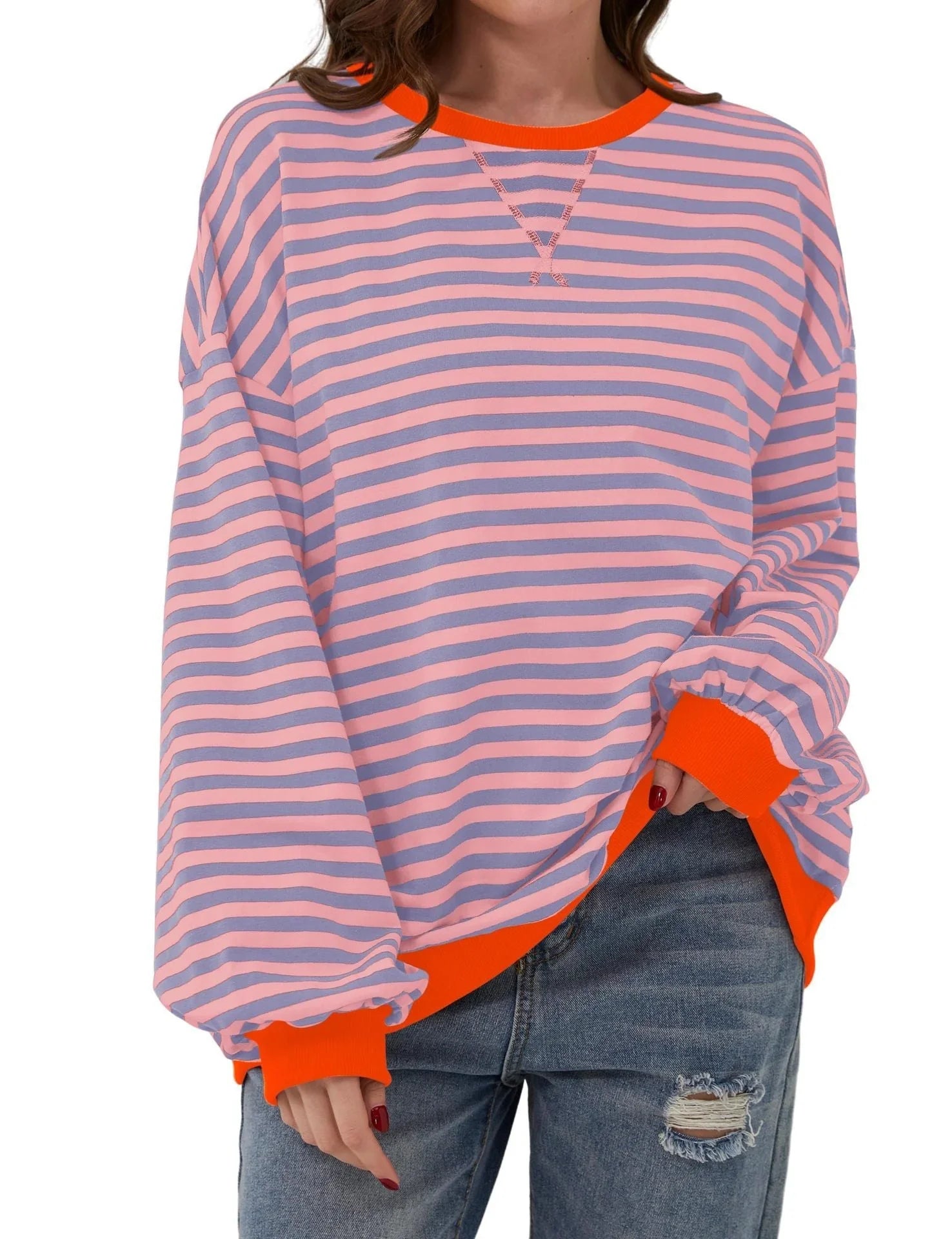 Simple new striped round-neck trendy long-sleeve pullover color-block T-shirt for home and casual wear eprolo