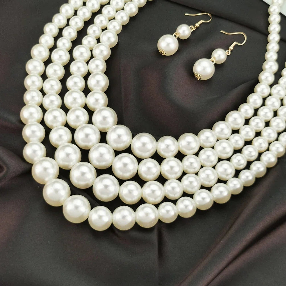 Layered Imitation Pearl Necklaces Sets For Women Handmade Beaded Chain Necklace Earrings Fashion Jewelry Set Charm Accesories eprolo