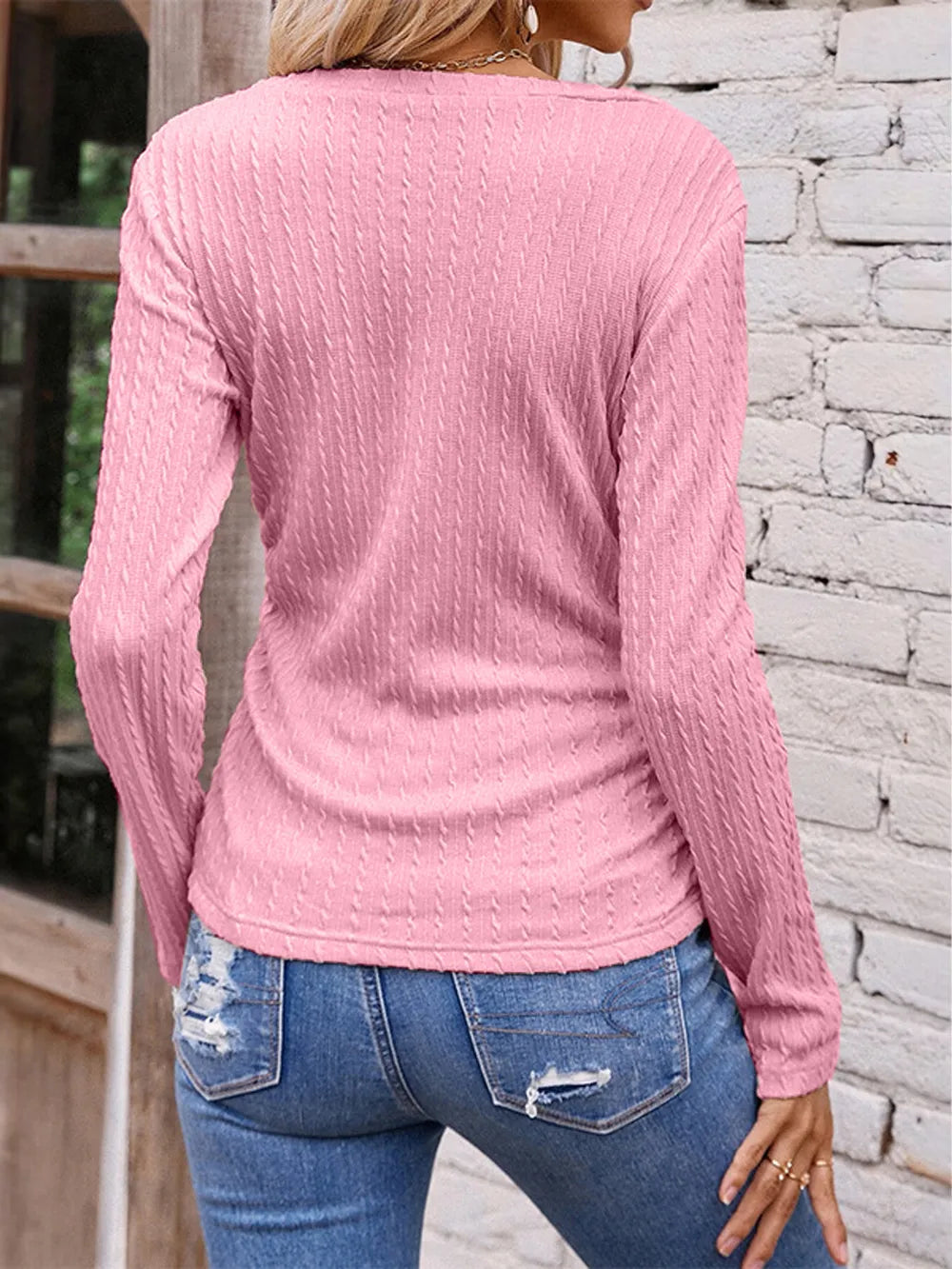 Long sleeved irregular slim fit V-neck solid color knitted women's T-shirt