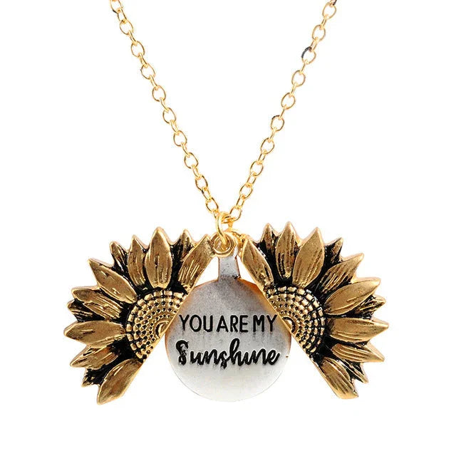 Vintage Sunflower Locket Pendant Necklace Bohemia female Gold Silver Open Engrave letter Necklaces Lover Gift eprolo