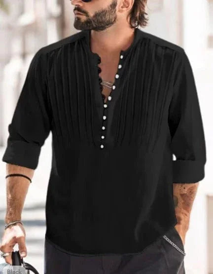 Cotton and Linen Mens Casual Button Round Neck Solid Standing Collar Shirt eprolo