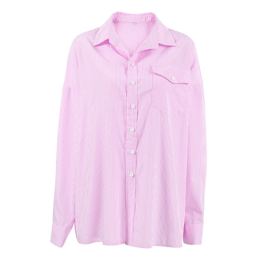 European and American style fashion versatile striped pink casual shirt top for women