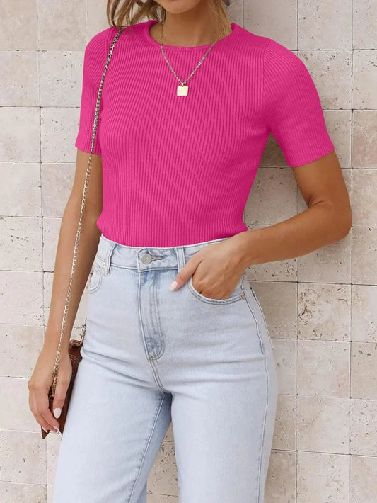 Pink ribbed short sleeve slim fit women's t-shirt