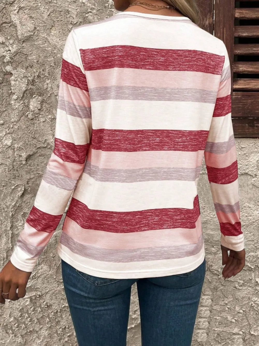Autumn long sleeved deep V-neck striped women's T-shirt