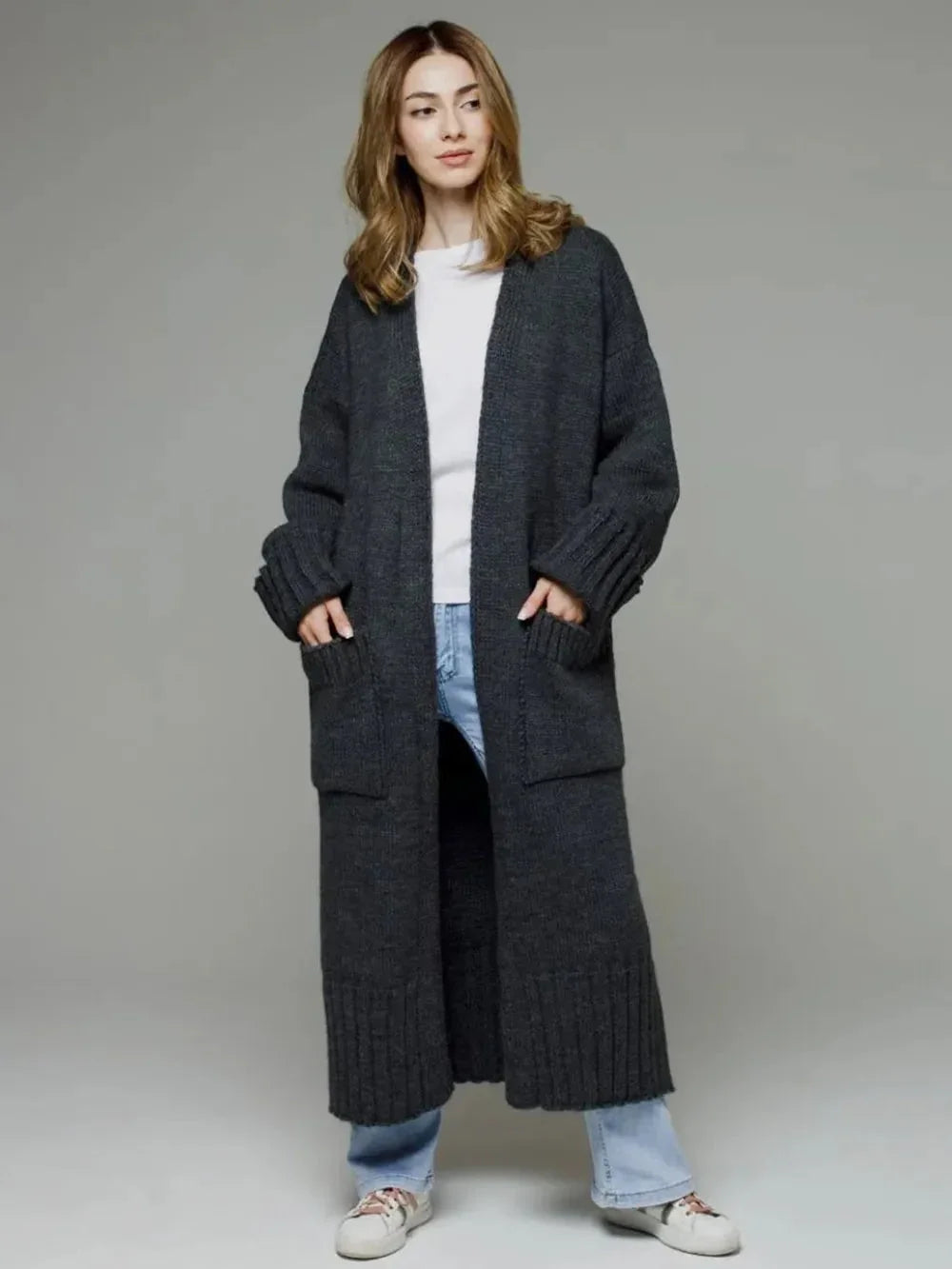 Pocketed Open Front Dropped Shoulder Cardigan eprolo