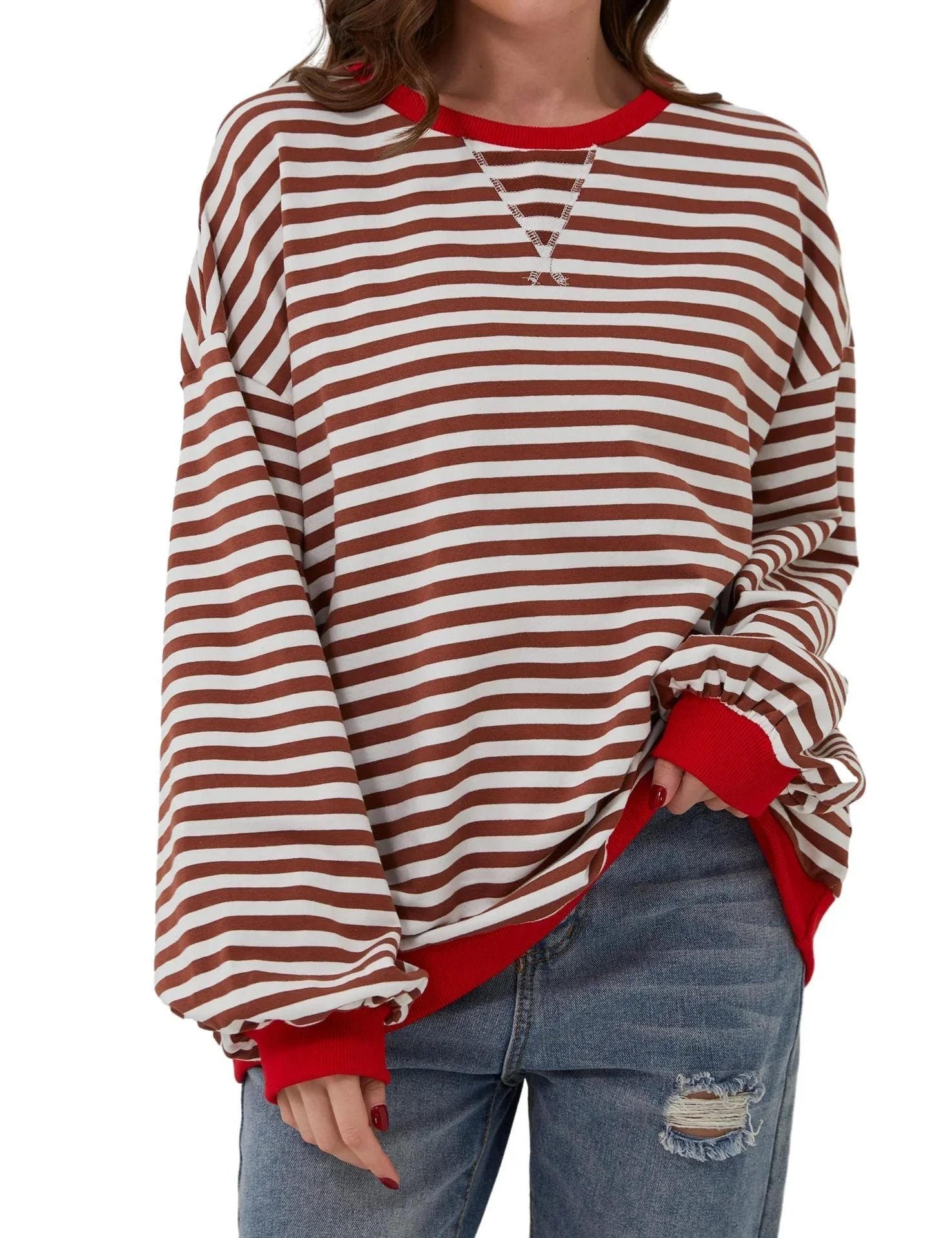 Simple new striped round-neck trendy long-sleeve pullover color-block T-shirt for home and casual wear eprolo