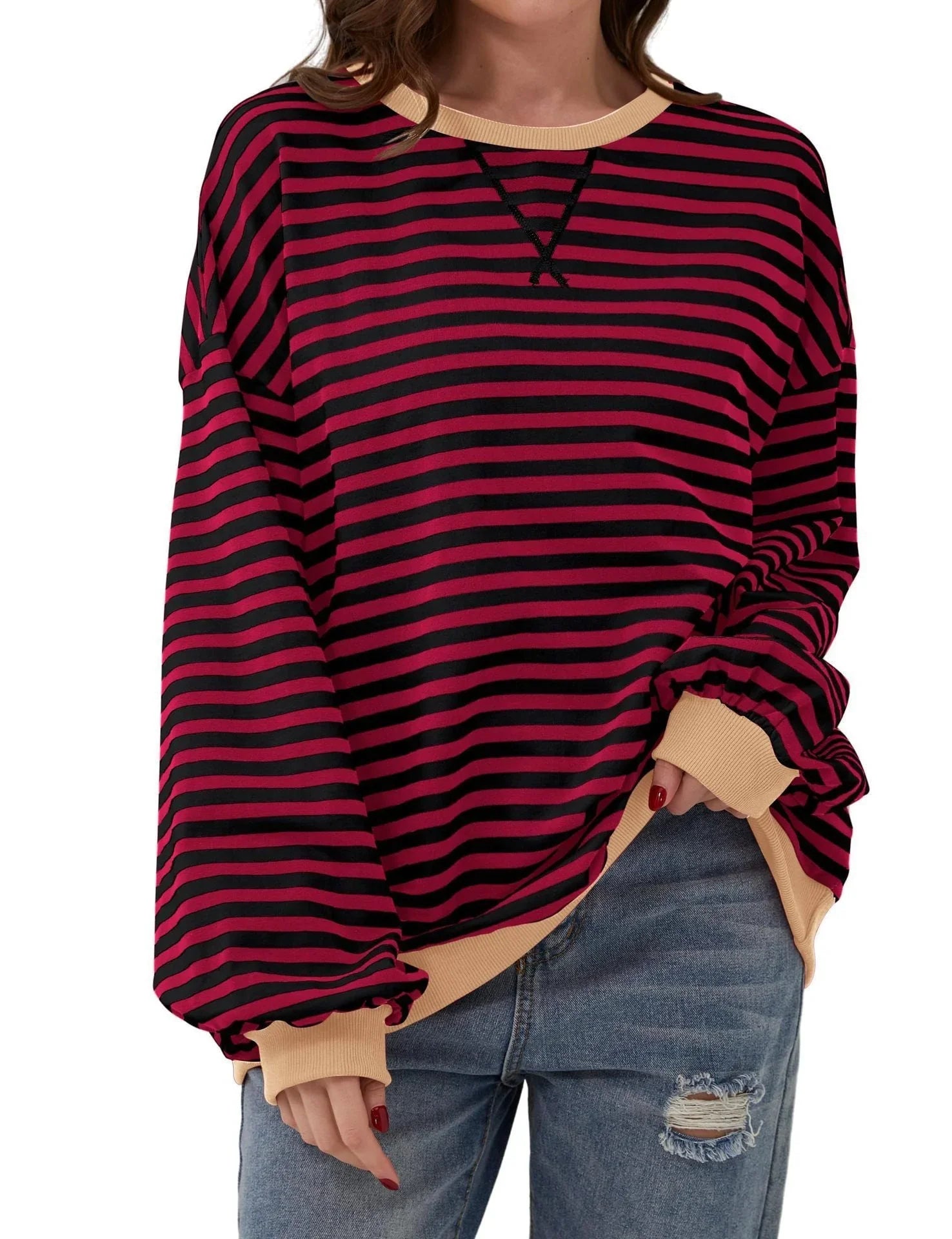 Simple new striped round-neck trendy long-sleeve pullover color-block T-shirt for home and casual wear eprolo