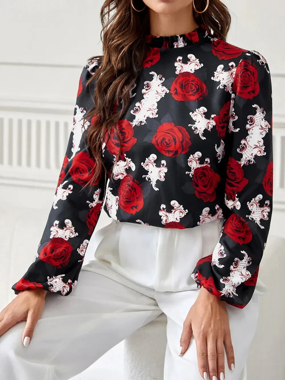 New women's rose printed ruffle collar shirt
