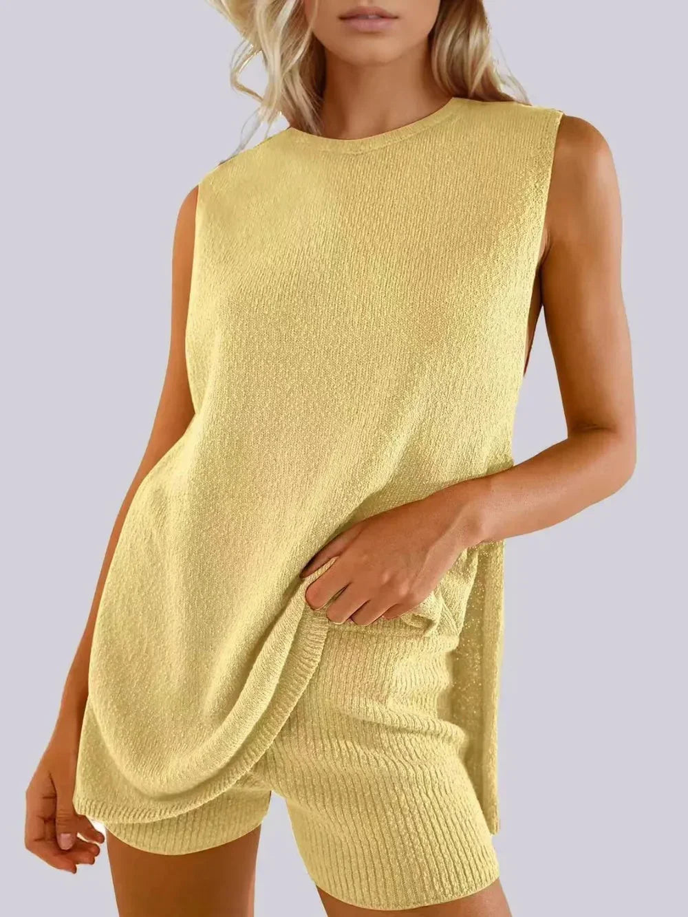 Spring and summer fashion casual knitted sleeveless shorts and woolen clothing set eprolo