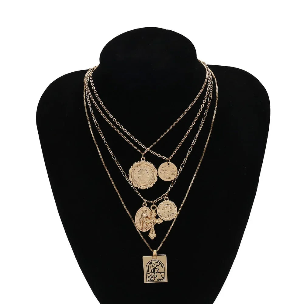 Vintage 4 Set Separable Chain Multi Layer Pendant Choker Necklaces Virgin Mary Jesus Cross Totem Square Jewelry Gift eprolo