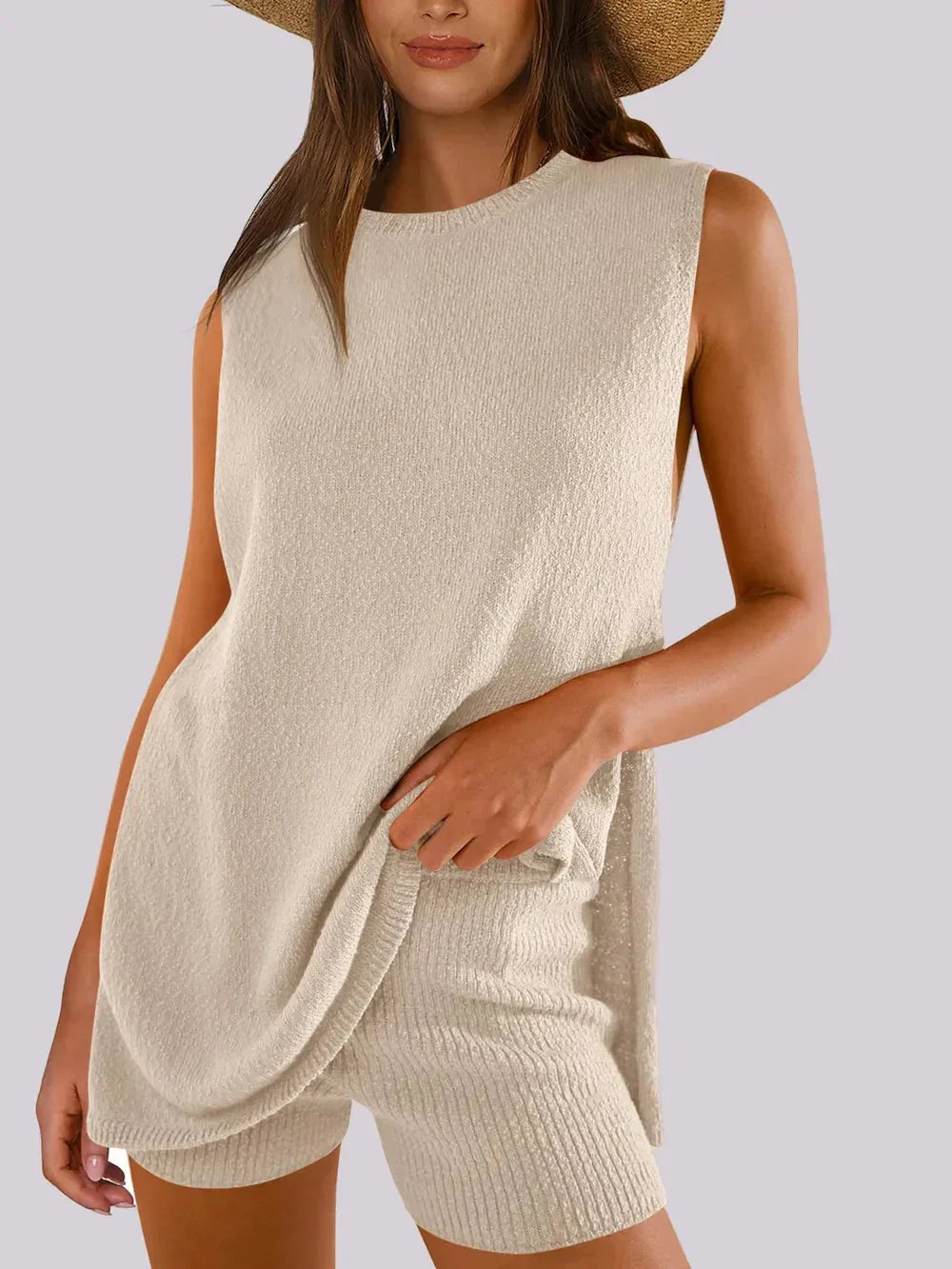 Spring and summer fashion casual knitted sleeveless shorts and woolen clothing set eprolo