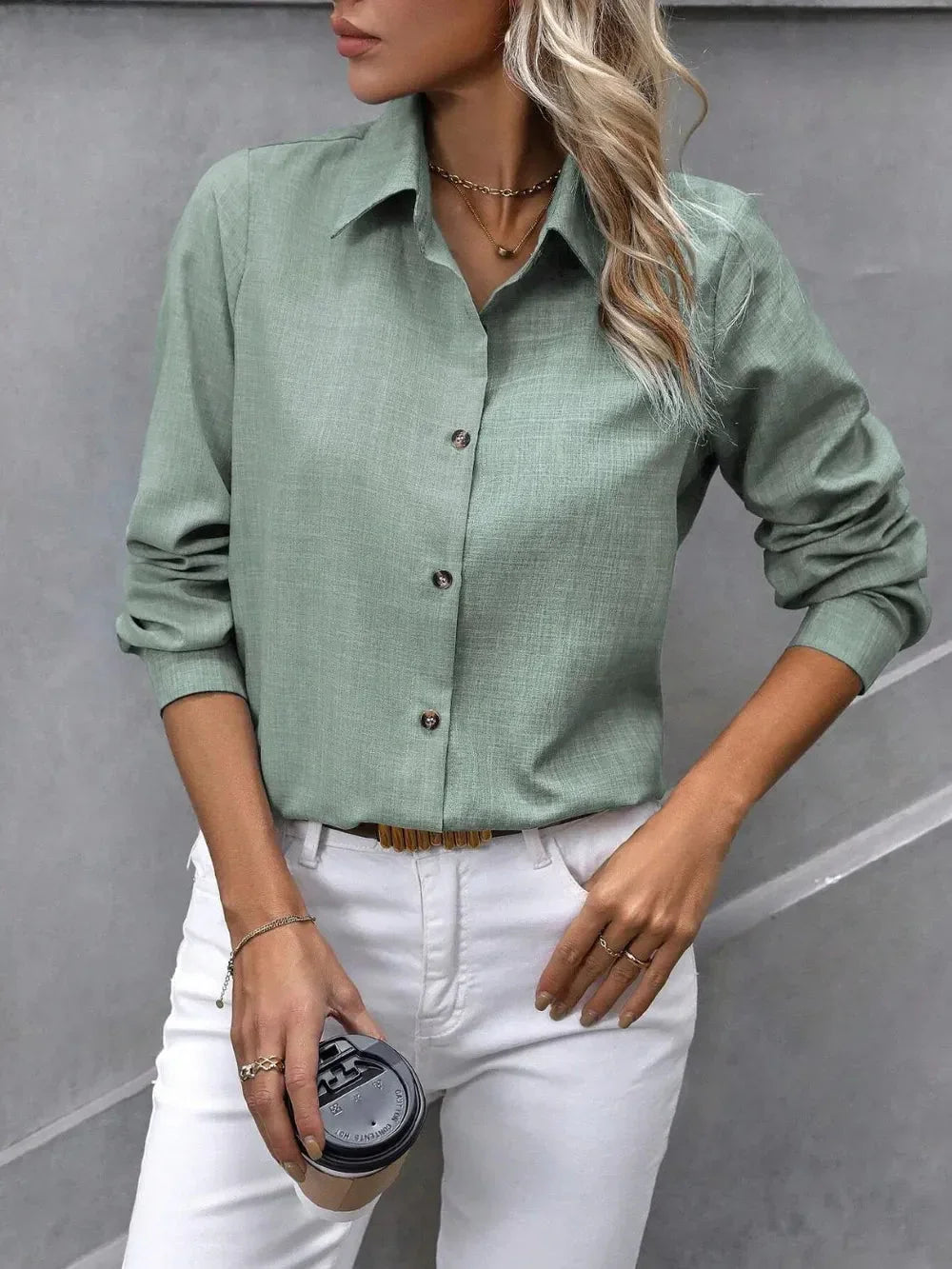Button Up Collared Neck Long Sleeve Shirt eprolo