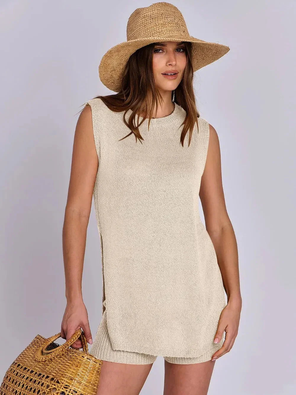 Spring and summer fashion casual knitted sleeveless shorts and woolen clothing set eprolo