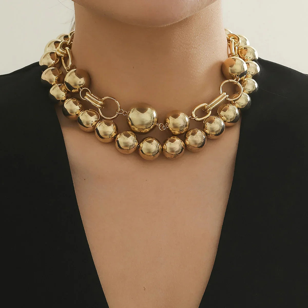 Creative. style round bead double layered necklace necklaces with exaggerated metal chains eprolo
