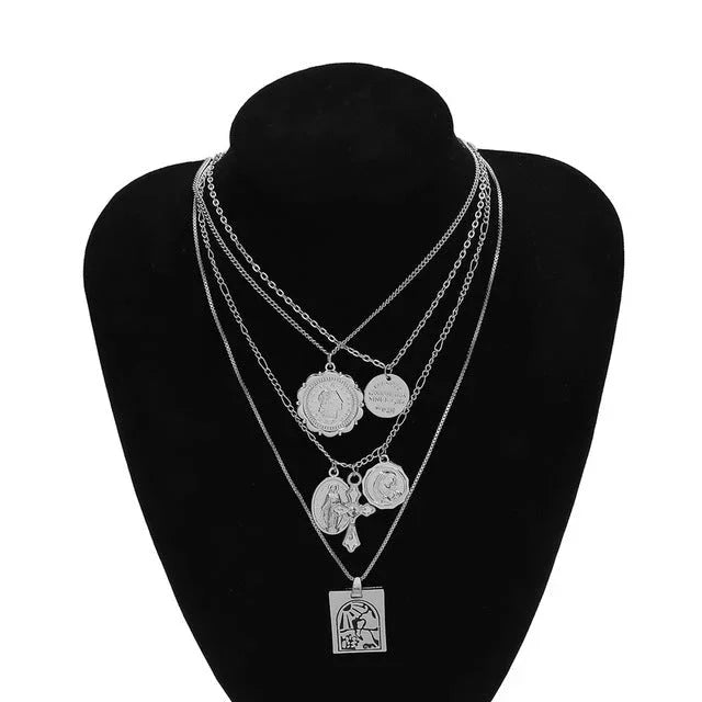 Vintage 4 Set Separable Chain Multi Layer Pendant Choker Necklaces Virgin Mary Jesus Cross Totem Square Jewelry Gift eprolo