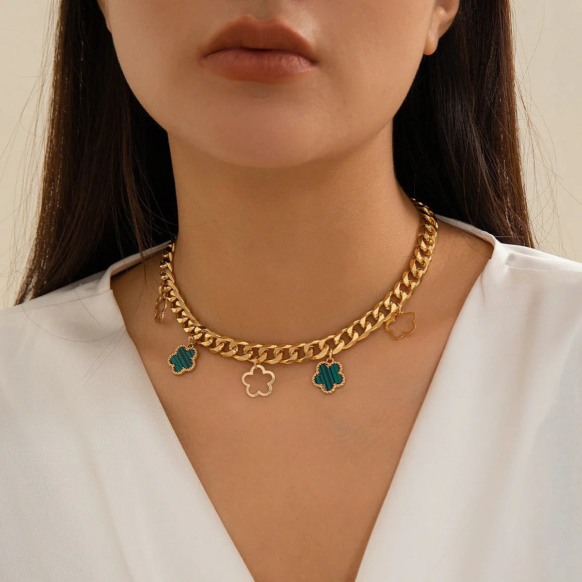 French elegant five leaf clover minimalist style necklace with sweet turquoise patterned flowers necklaces eprolo