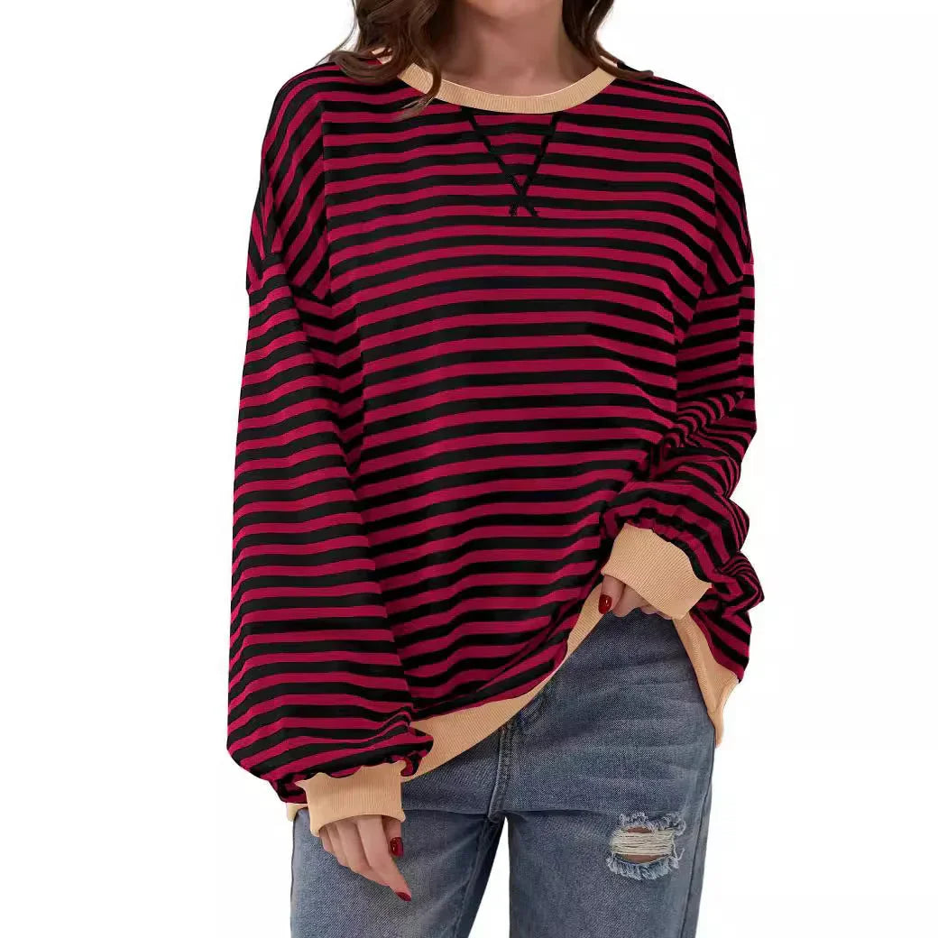 Simple new striped round-neck trendy long-sleeve pullover color-block T-shirt for home and casual wear eprolo