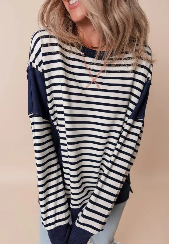 Exposed Seam Striped Long Sleeve Sweatshirt eprolo