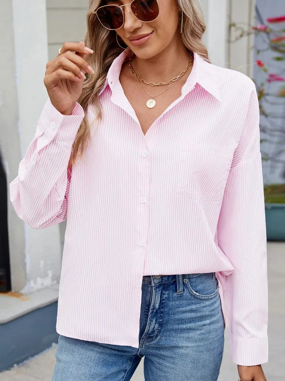 Casual loose one row button long sleeved striped shirt top trendy