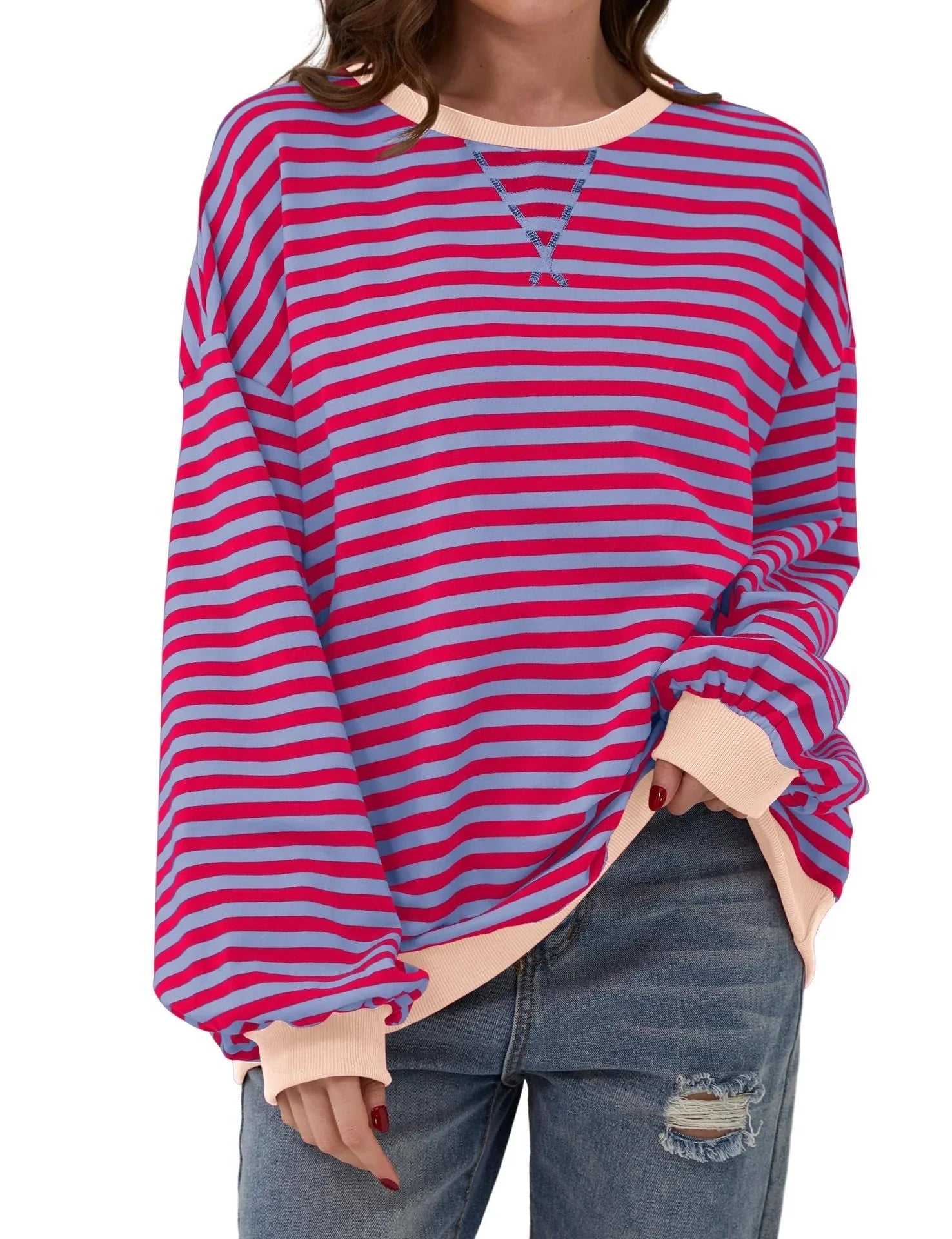 Simple new striped round-neck trendy long-sleeve pullover color-block T-shirt for home and casual wear eprolo