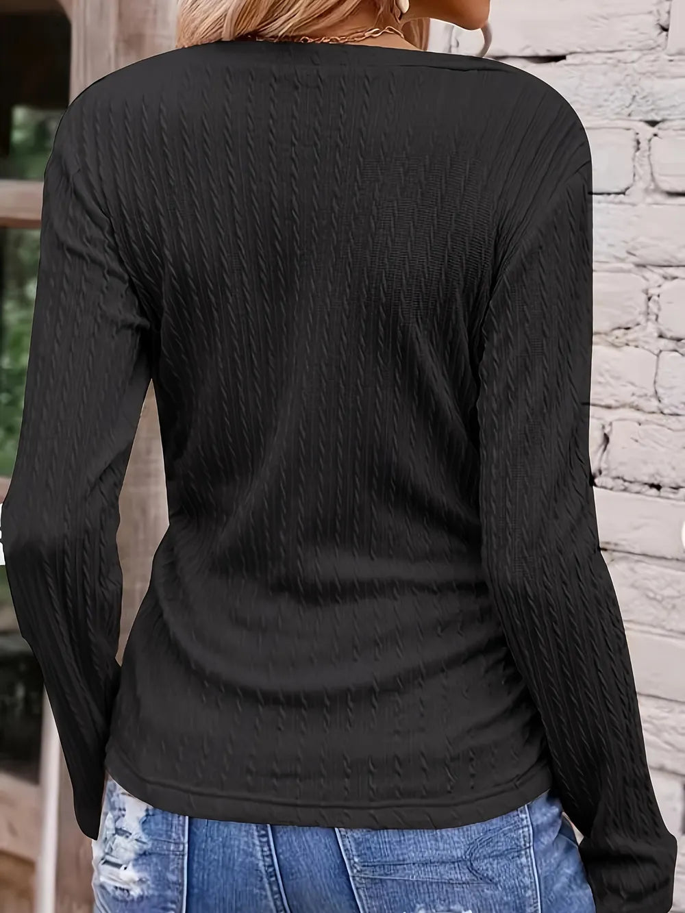 Long sleeved irregular slim fit V-neck solid color knitted women's T-shirt