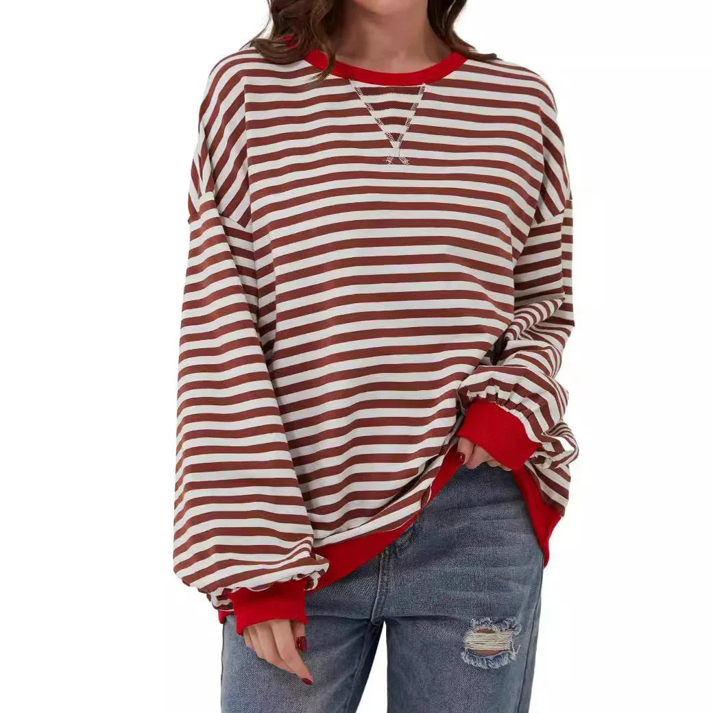 Simple new striped round-neck trendy long-sleeve pullover color-block T-shirt for home and casual wear eprolo