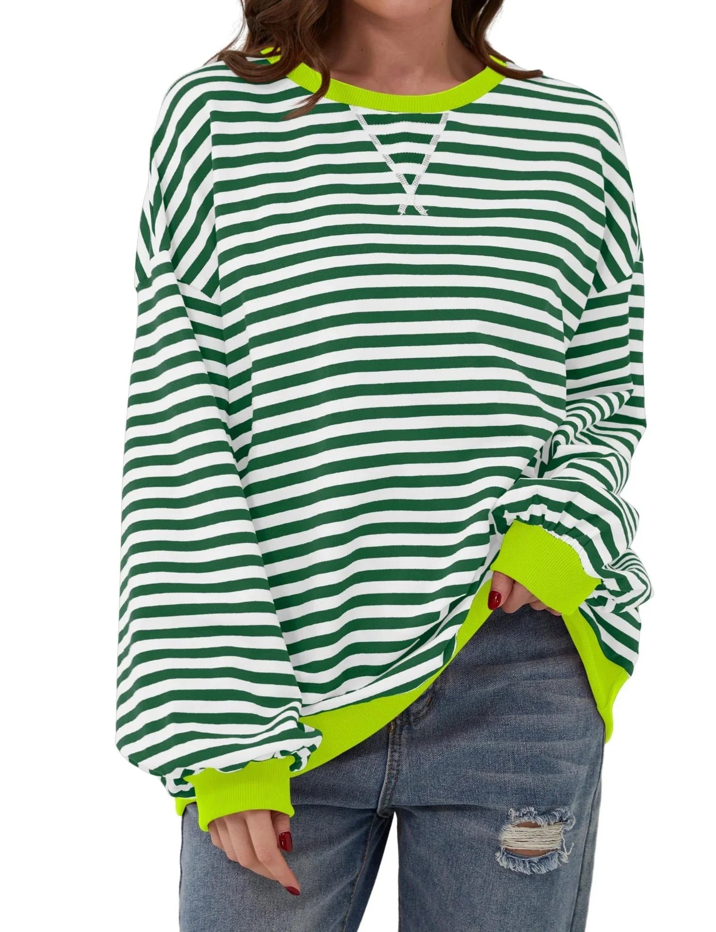 Simple new striped round-neck trendy long-sleeve pullover color-block T-shirt for home and casual wear eprolo
