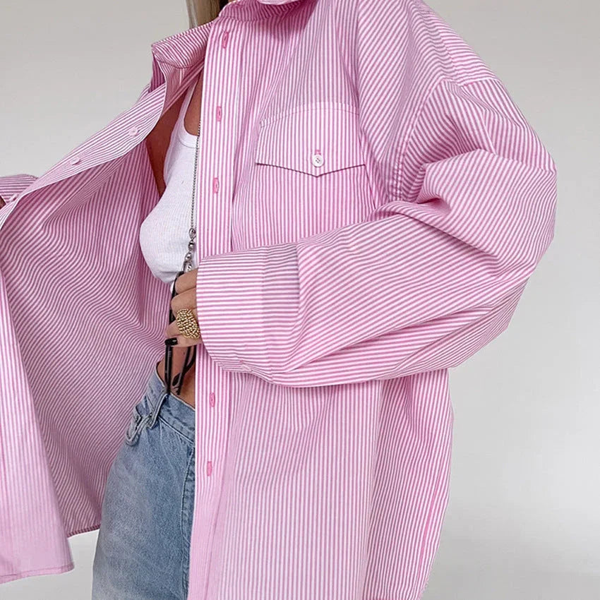 European and American style fashion versatile striped pink casual shirt top for women