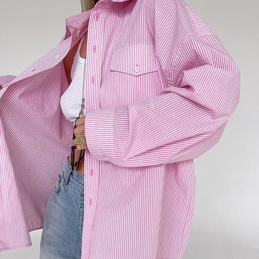 European and American style fashion versatile striped pink casual shirt top for women - Johns Direct