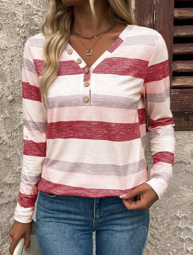 Autumn long sleeved deep V-neck striped women's T-shirt