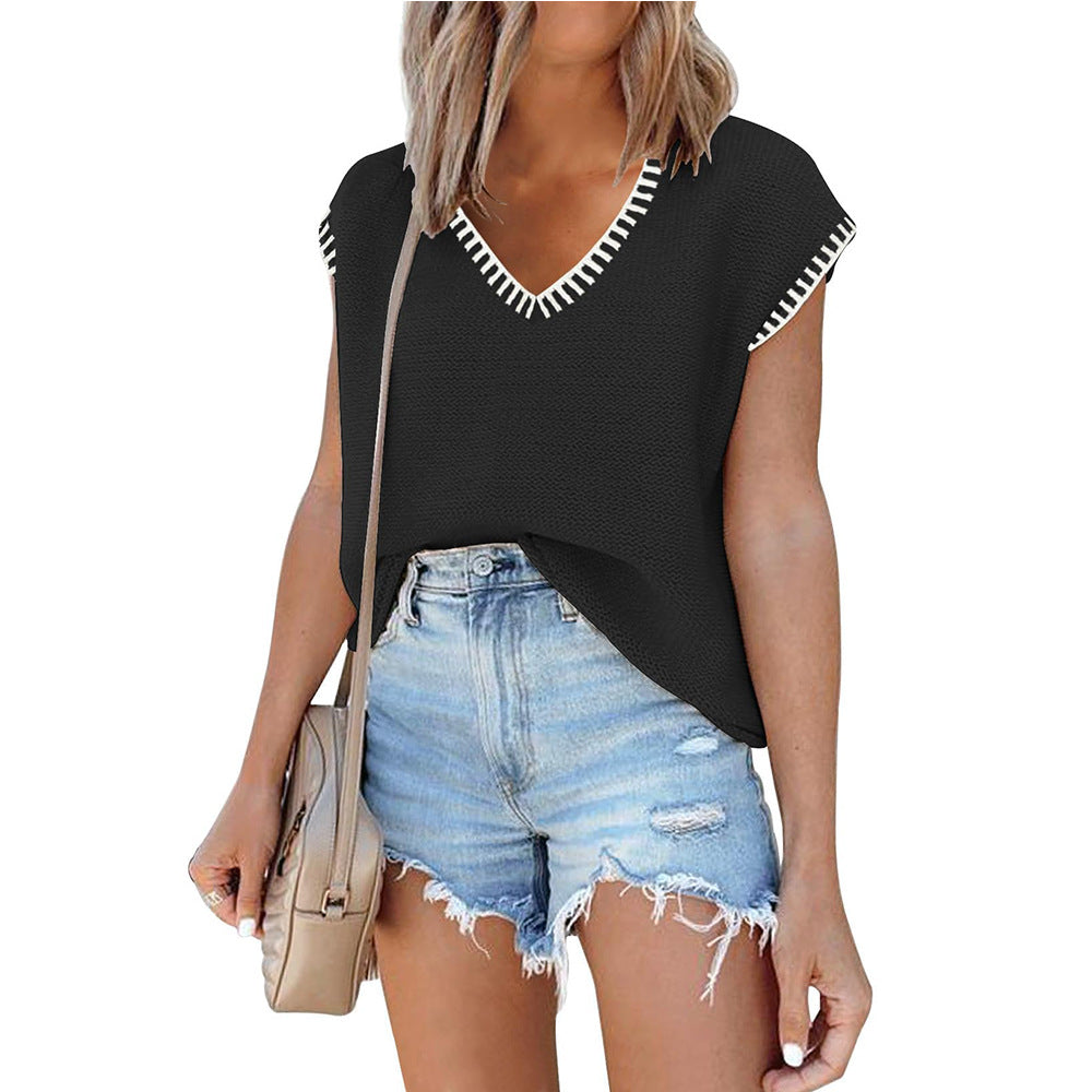 European and American V-neck short sleeved striped top eprolo