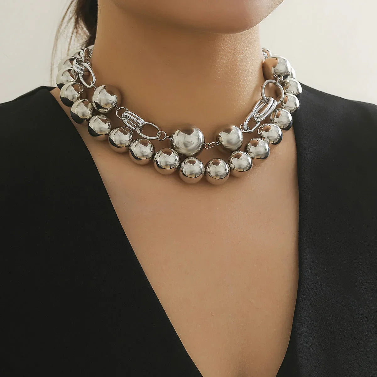 Creative. style round bead double layered necklace necklaces with exaggerated metal chains eprolo