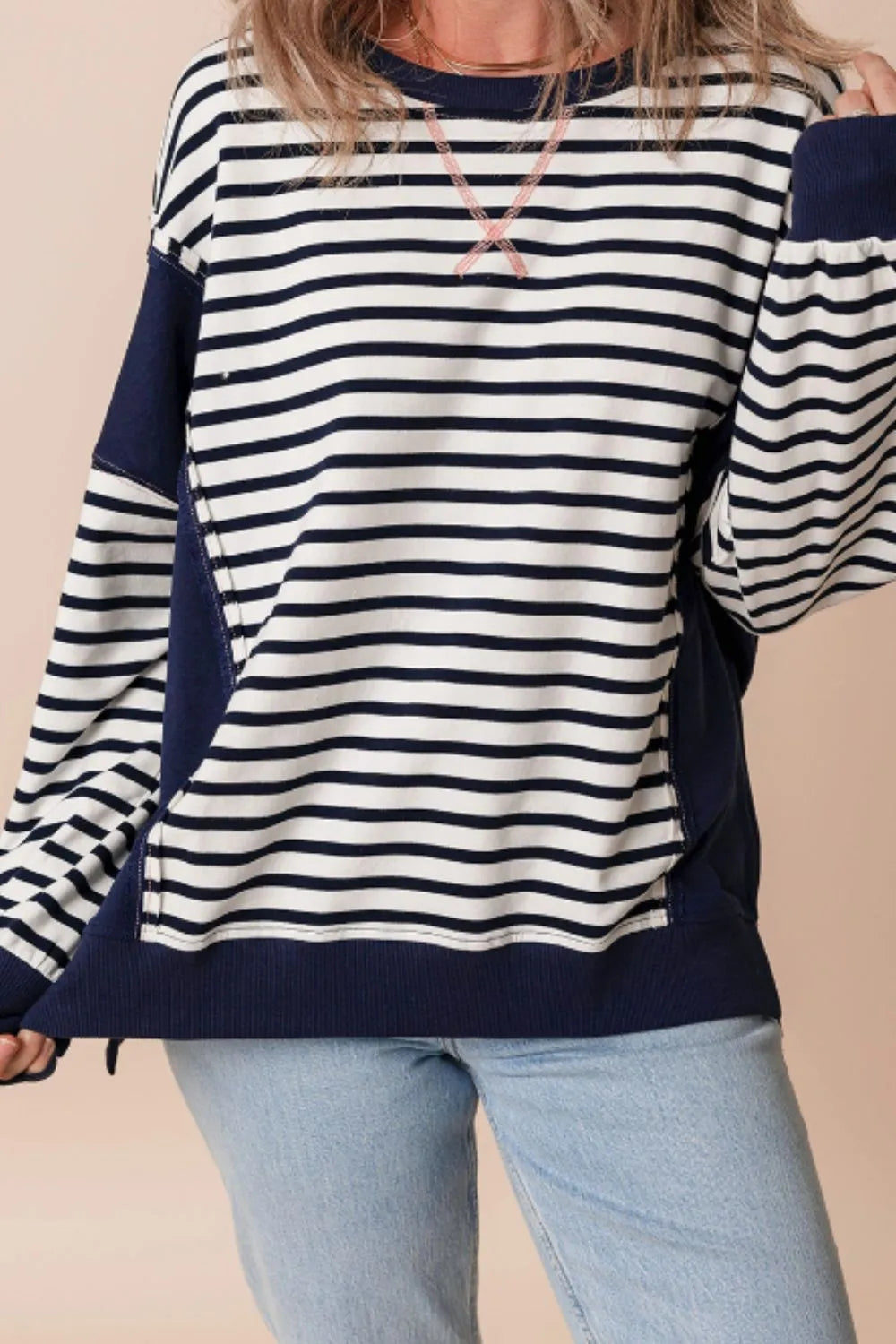 Exposed Seam Striped Long Sleeve Sweatshirt eprolo