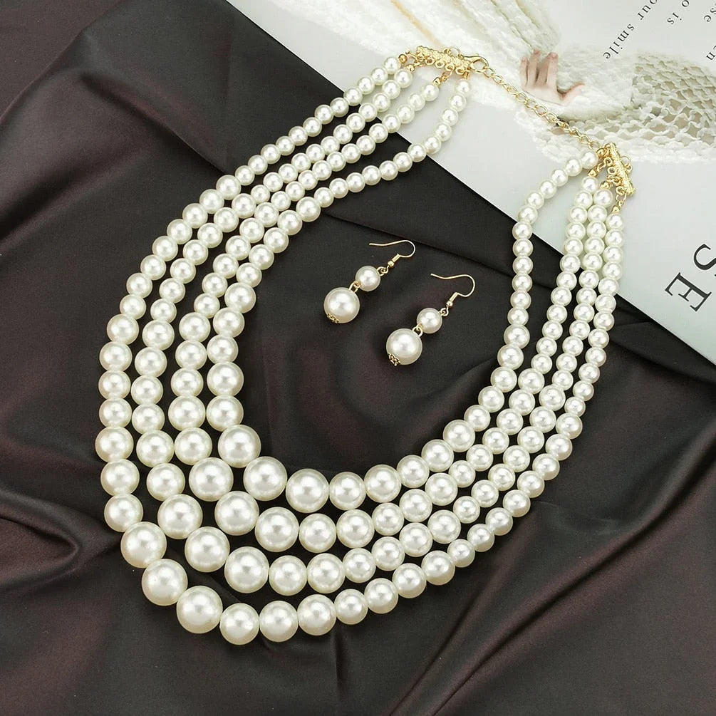 Layered Imitation Pearl Necklaces Sets For Women Handmade Beaded Chain Necklace Earrings Fashion Jewelry Set Charm Accesories eprolo