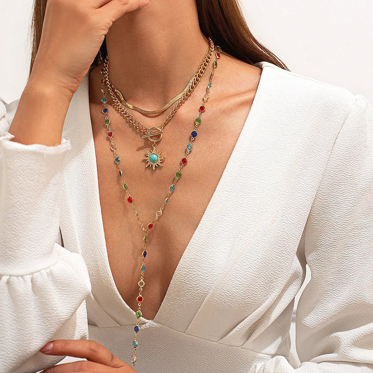 Sunflower colored crystal chain necklace, sweet and flowing Su alloy multi-layer collarbone chain eprolo