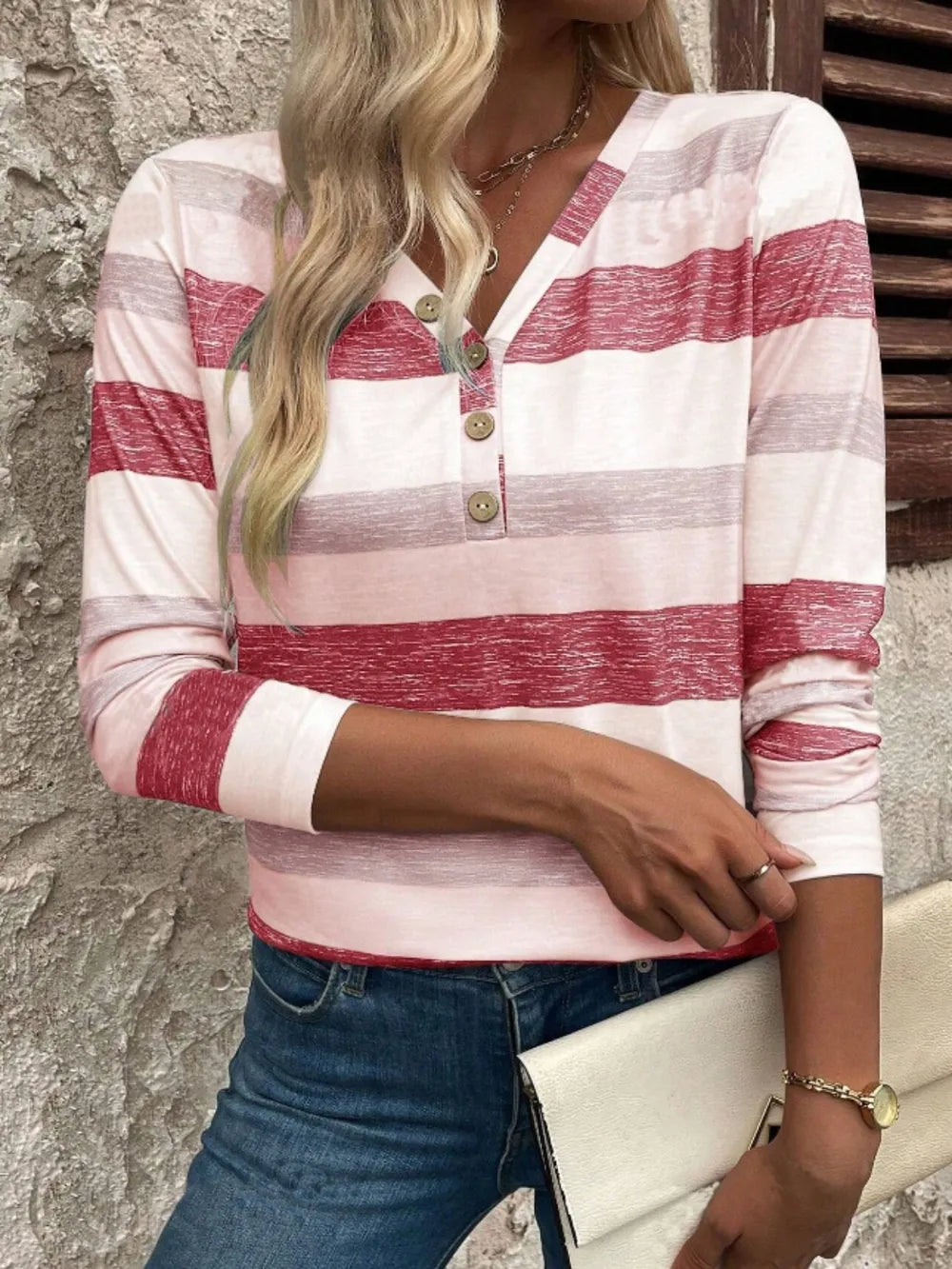 Autumn long sleeved deep V-neck striped women's T-shirt