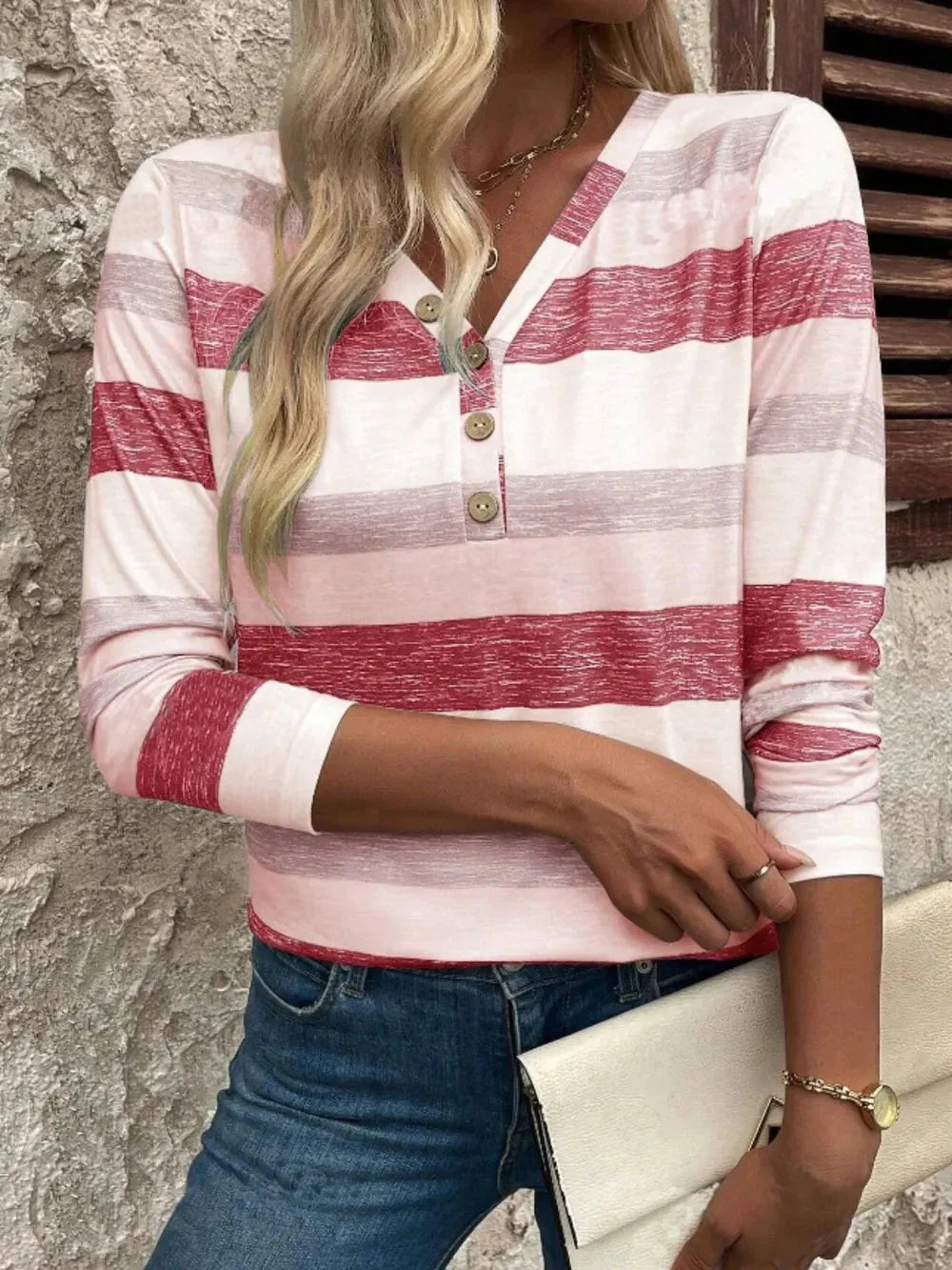 Autumn long sleeved deep V-neck striped women's T-shirt