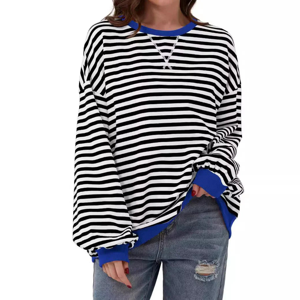 Simple new striped round-neck trendy long-sleeve pullover color-block T-shirt for home and casual wear eprolo