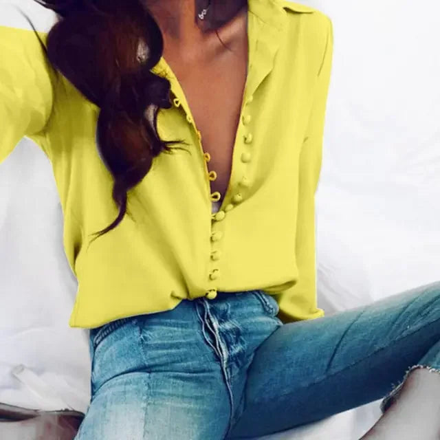 Fashion Casual Solid Colour ladies office Tops Fashion Buttons Long sleeve Blouse Chiffon