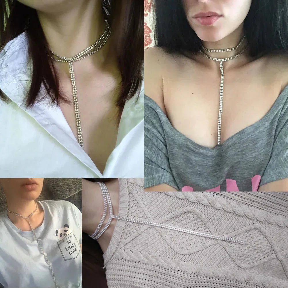 Rhinestone Double Choker Necklaces Lariat Chain Pendant 90s Collier Women Chocker Statement Maxi Collar Wedding Jewellery eprolo