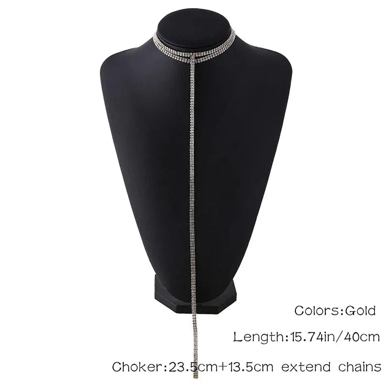 Rhinestone Double Choker Necklaces Lariat Chain Pendant 90s Collier Women Chocker Statement Maxi Collar Wedding Jewellery eprolo